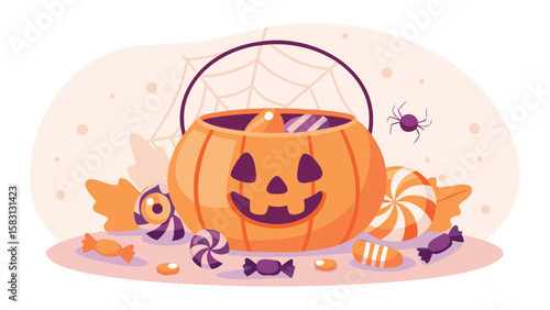 An illustration of a pumpkin bucket filled with candy and a spider with a spiderweb behind it