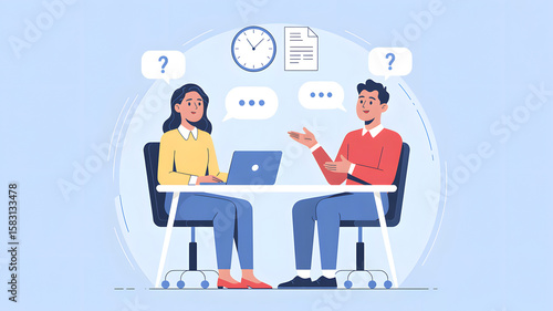 Two people in a minimalist illustration discussing at a table with a laptop flat design