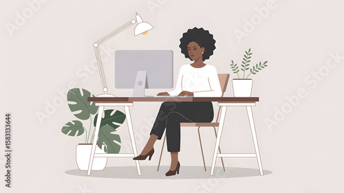 Woman working at desk with computer and plants in minimalist illustration lamp