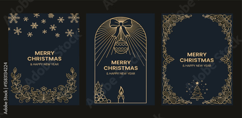 Luxury christmas invitation card art deco design vector. Christmas tree, bauble, snowflake, candle, ribbon, holly line art on navy blue background