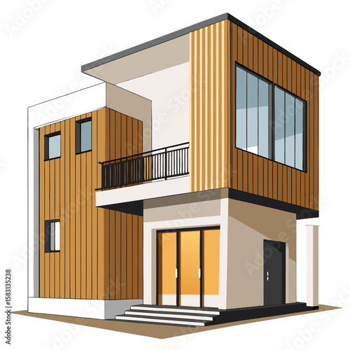 Modern two story house design with wood siding and balcony
