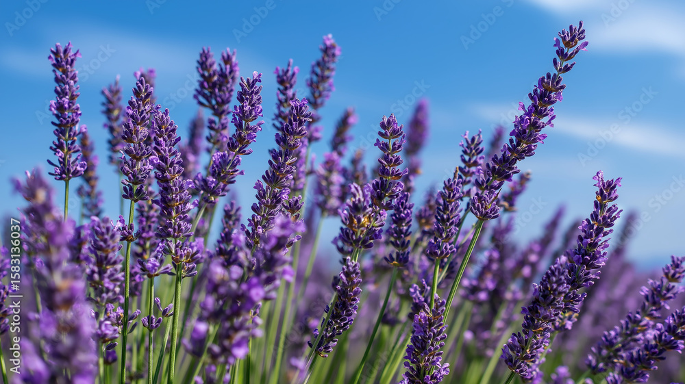 Obraz premium Vibrant Lavender Field Stretching Beneath a Clear Blue Sky, Realistic Nature Scene, No Blur