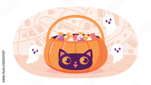 Halloween pumpkin bucket filled with candy and three ghosts on a map background illustration