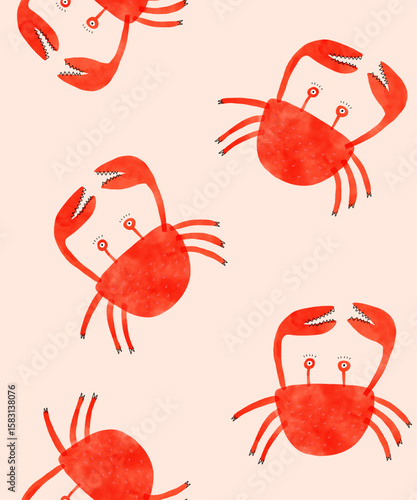Seamless Vector Pattern With Funny Carbs. Red Crabs On A Soft Peach Background. Seamless Children's Wallpaper Featuring Hand-drawn Red Crabs Ideal For Kids' Products, Nursery decor, Summer themes.