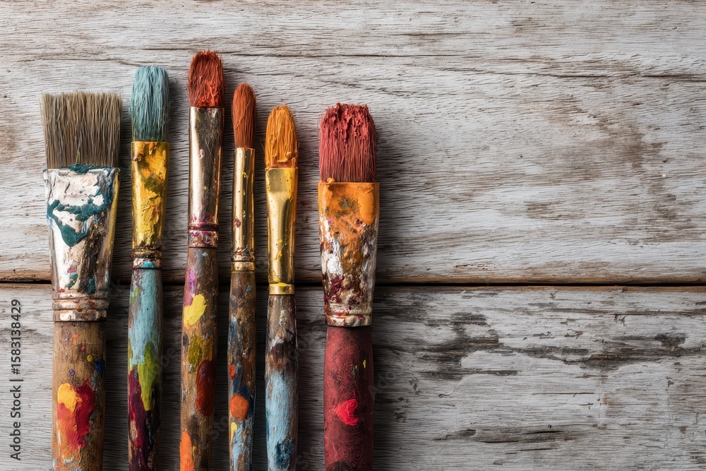 Fototapeta premium Paint brushes and colorful smeared paint on wooden table, realistic flat lay top view showing painter workspace and vibrant artistic texture in a clean creative design setup