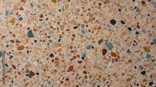 Minimal terrazzo texture with soft color fragments and warm natural tone, top view