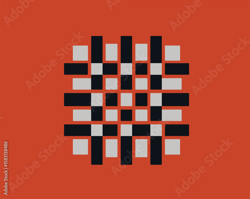 Minimalist Geometric Abstract Pattern with Bold Black Lines and Gray Squares on Red Background