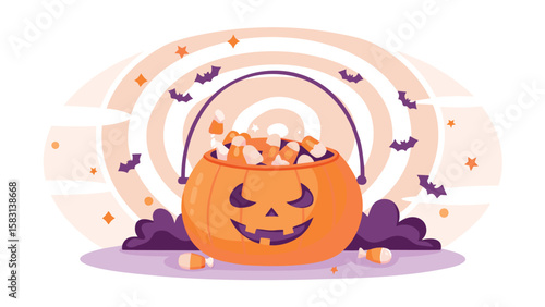 A pumpkin bucket filled with candy corn surrounded by bats and stars in a halloween scene