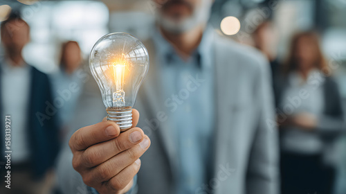 Close-Up Shot of Businessman Holding a Glowing Light Bulb with Colleagues in Background for Innovation Concept