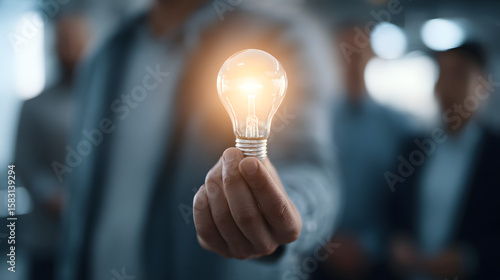 Close-up Shot of Businessman Holding a Glowing Light Bulb with Blurred People in Background in Modern Office Setting