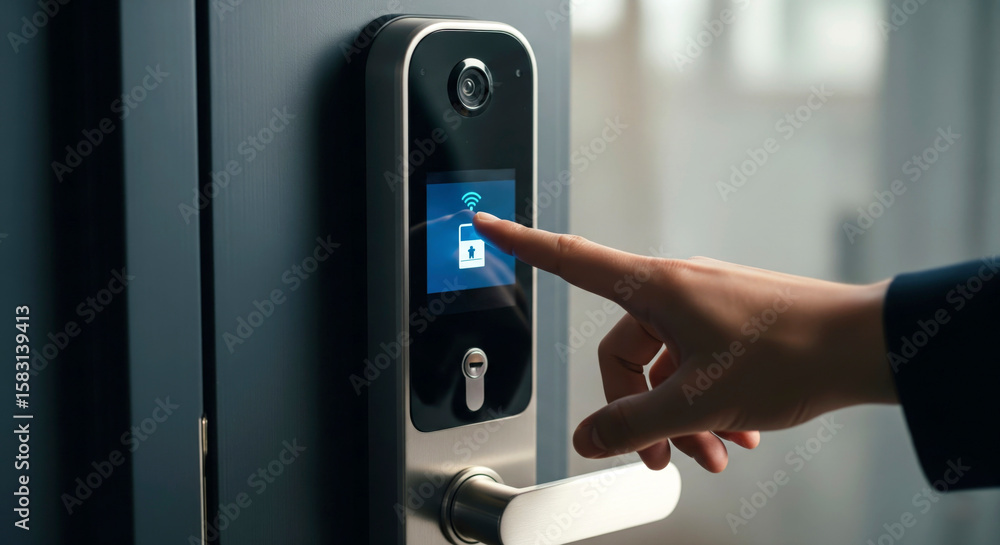 Naklejka premium Hand touches modern smart door lock, symbolizing advanced home security, keyless entry, and smart technology.