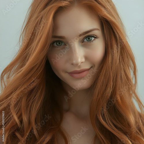 Natural beauty portrait of a smiling redhead woman with green eyes, Generated AI