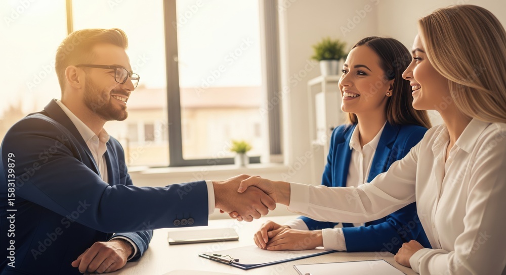 Job Interview: Professional Handshake. A well-dressed man and a woman are shaking hands, with two other women in the background smiling, in what appears to be a job interview setting. Job Interview: Professional Handshake. A well-dressed man and a woman are shaking hands, with two other women in the background smiling, in what appears to be a job interview setting.