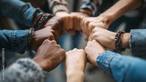 Close Up Top View of Business Team Forming Circle with Hands Together Symbolizing Unity and Collaboration