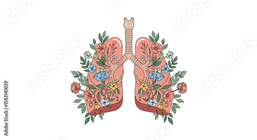 Beautiful floral lungs illustration representing health vitality and natural wellness with blooming flowers and greenery