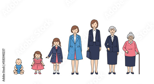 Visual representation of human female life stages from infancy to old age depicting growth and development over time