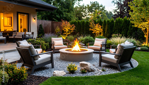 A cozy garden layout featuring a circular fire pit surrounded by lounge chairs, gravel base, warm lighting, and low-maintenance shrubs