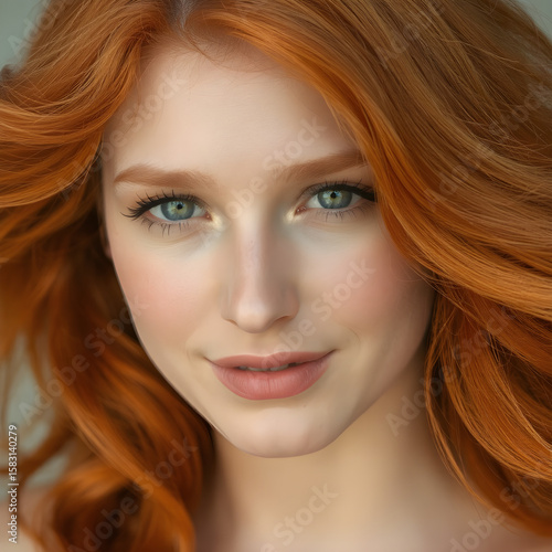 Soft-lit studio headshot of a beautiful woman with red hair, Generative AI