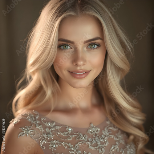 Beautiful bride with long wavy blonde hair, wedding day portrait, Generative AI