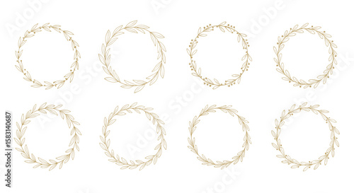 Collection of eight delicate shimmering circular frames created with scattered light particles and glitter elements in a festive abstract design against a white background