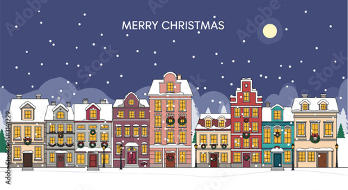 Charming pixel art european town scene under a snowy night sky wishing merry christmas with a glowing moon and falling snowflakes