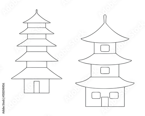 Two japanese pagoda towers outlines in black simple minimalist architectural style.