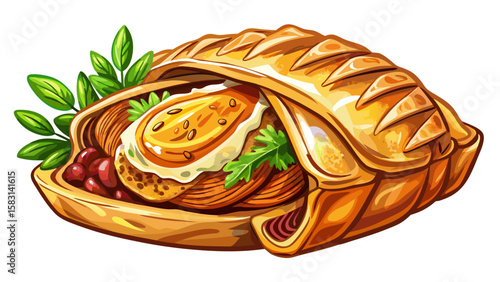 A close-up The preparation of a savory stuffed pastry filled with egg, meat, and spices, cooked on a pan . Very beautiful white background