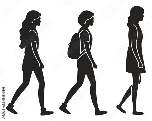 Silhouette depictions of three women walking against a white background portraying different outfits vector.