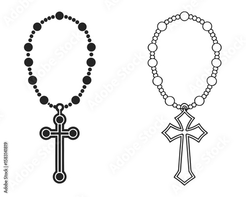 Black and white illustrations of two rosary necklaces with cross pendants on a white background. rosary, cross, necklace.