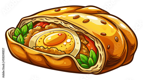 A close-up The preparation of a savory stuffed pastry filled with egg, meat, and spices, cooked on a pan . Very beautiful white background