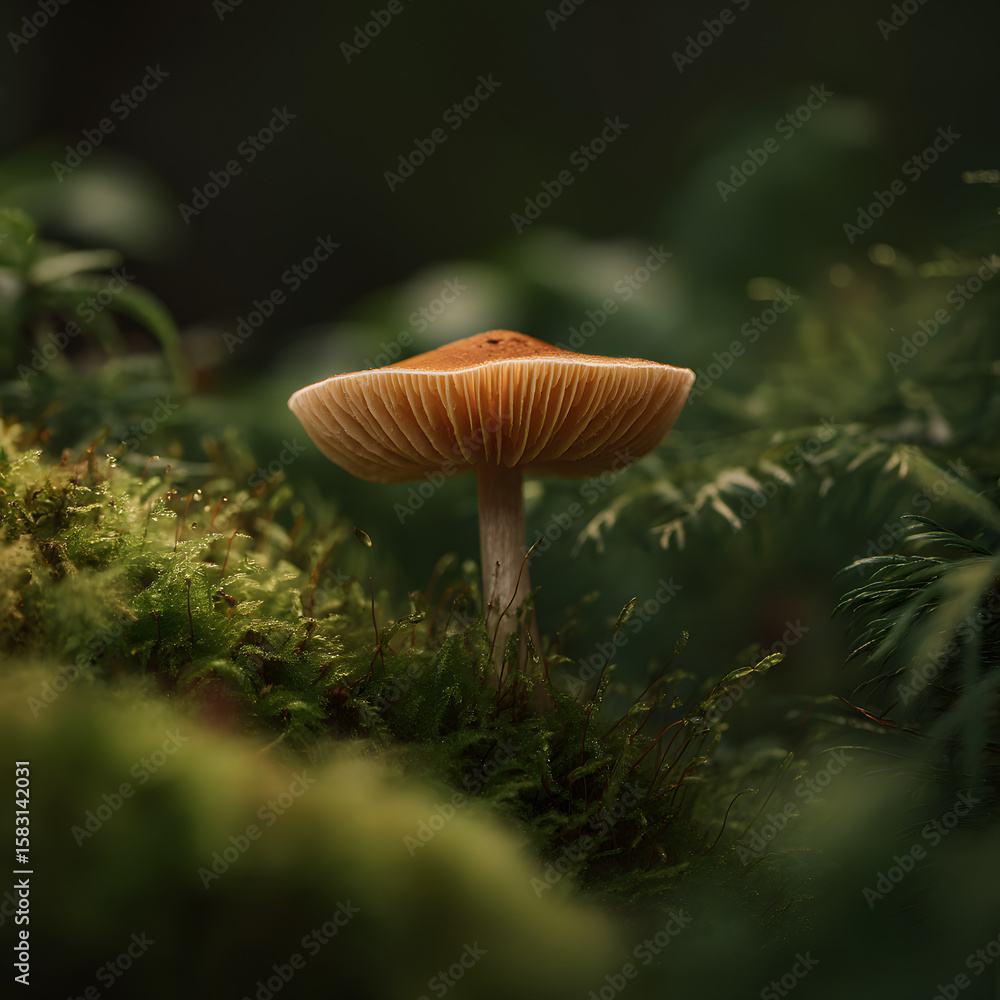 Fototapeta premium Close-Up of a Wild Mushroom Growing in a Lush Forest Floor Setting