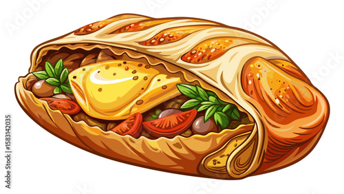 A close-up The preparation of a savory stuffed pastry filled with egg, meat, and spices, cooked on a pan . Very beautiful white background