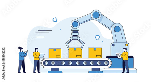 Automated robotic arm system facilitates efficient production line operations with human supervision for quality control and workflow management