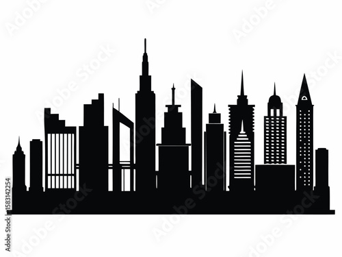 Sleek monochrome silhouette illustration of a modern cityscape urban skyline and architecture.
