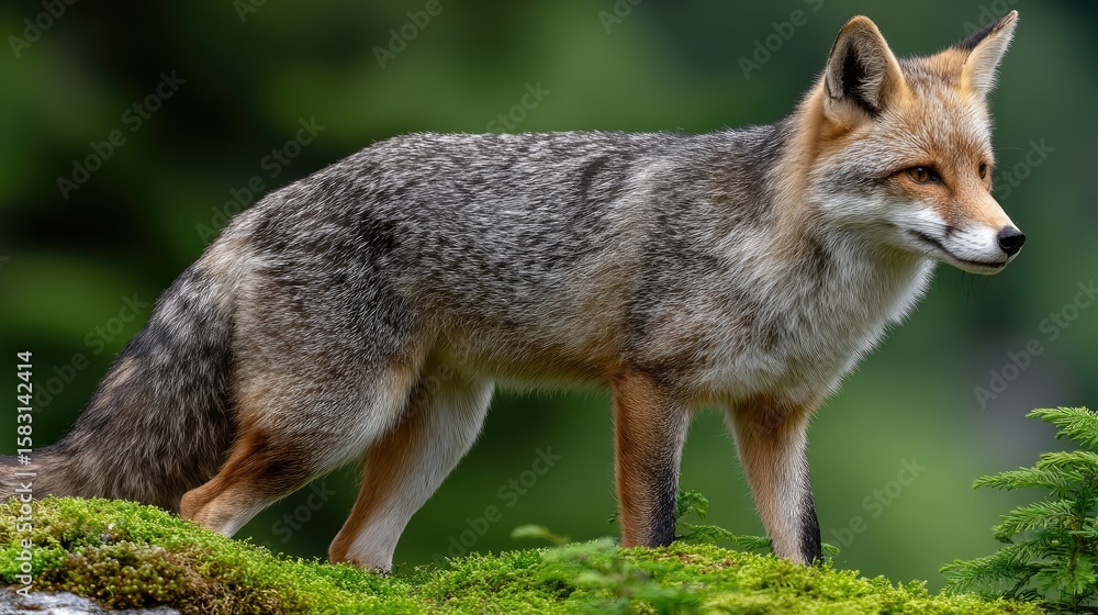 Red fox exploring the forest at night in Germany with moss and pine trees surrounding its path Red fox exploring the forest at night in Germany with moss and pine trees surrounding its path