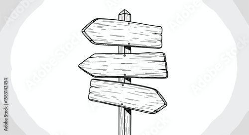 A wooden signpost with three empty direction signs pointing to different ways indicating choices and decisions