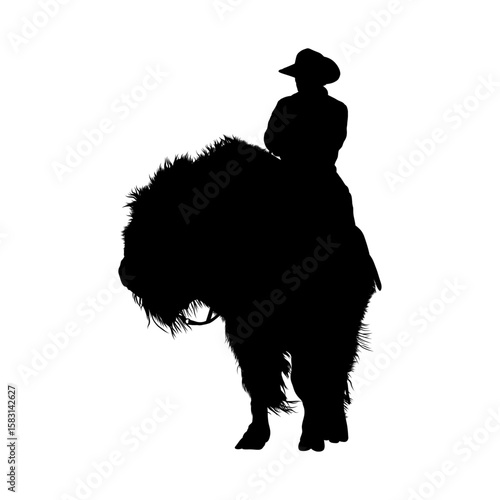Cowboy Silhouette Riding Bison in Profile
