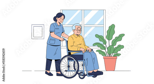 Caring for elderly individuals at home with a dedicated nurse assisting a patient in a wheelchair near a window with plants