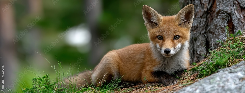Obraz premium Red fox exploring the forest at night in Germany with moss and pine trees surrounding its path