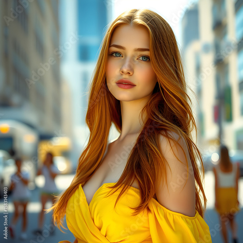 Redhead woman in yellow dress at golden hour, urban lifestyle portrait. Generative AI