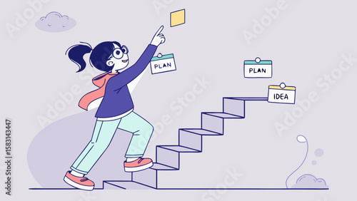 Girl Building a Staircase from Sticky Notes – Productivity & Planning Vector for Journaling Brands