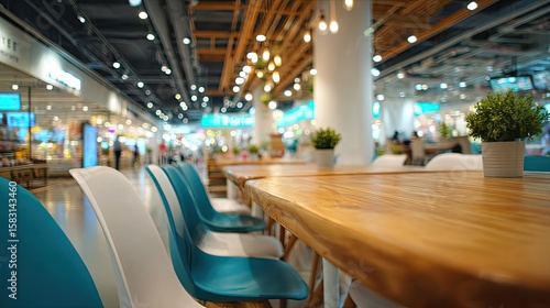 Interior of a modern food court with light wooden tables and turquoise chairs.