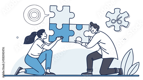 Two Marketers Assembling Puzzle Pieces with Brand Logos – Branding Strategy Silhouette Vector