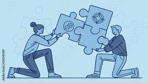 Two Marketers Assembling Puzzle Pieces with Brand Logos – Branding Strategy Silhouette Vector