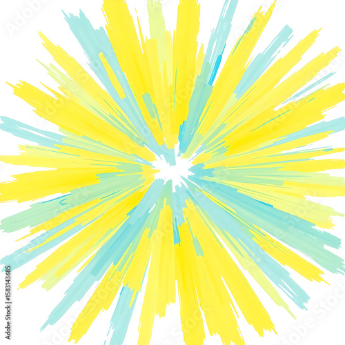 Concentrated burst of pastel cyan and lemon yellow in a radial sunburst pattern with thick dry brush texture and energetic motion, isolated high-resolution abstract PNG on a clean white background