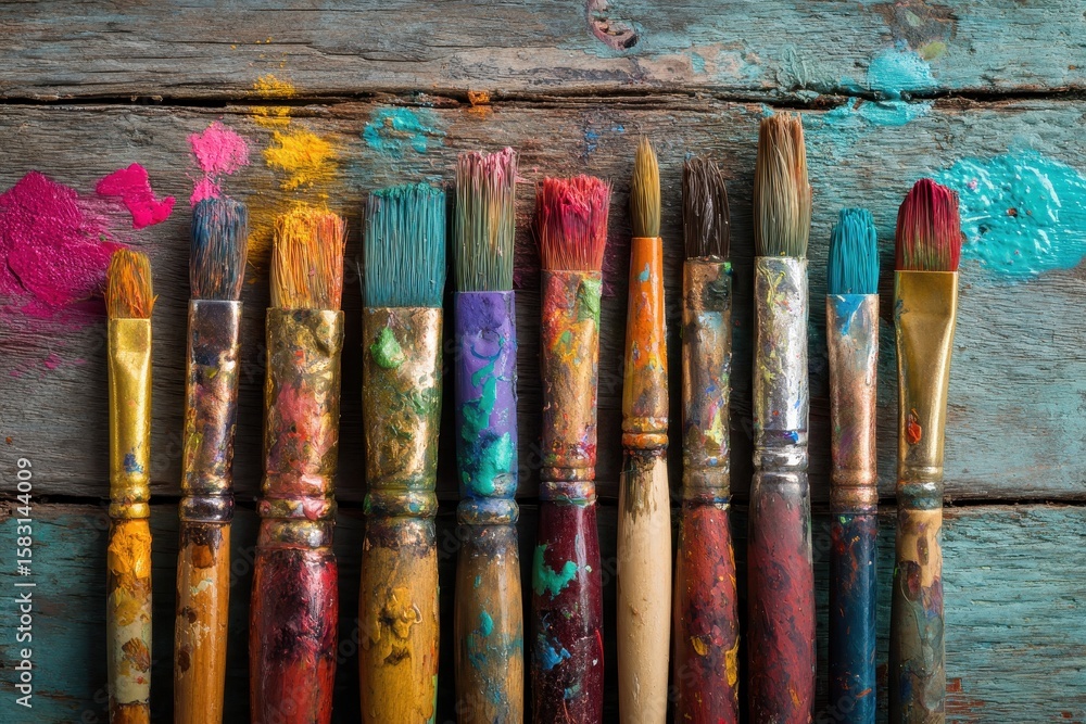 Fototapeta premium Flat lay of paint brushes with multiple bright paint colors smeared on white wood table, realistic texture, clean artistic workspace setup, viewed from above in painter's studio