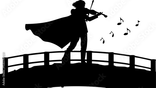 Silhouette of violinist playing on bridge with cape and musical notes floating in the air creating a scene