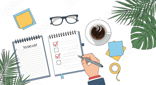 Organized workspace with to-do list and coffee productivity and planning concept