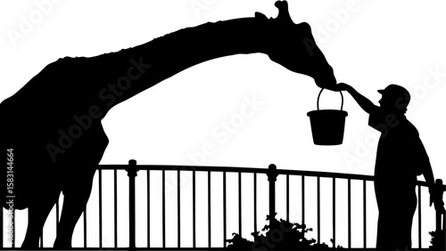 Silhouette of a giraffe being fed from a bucket by a person in a zoo enclosure with black bars and plants