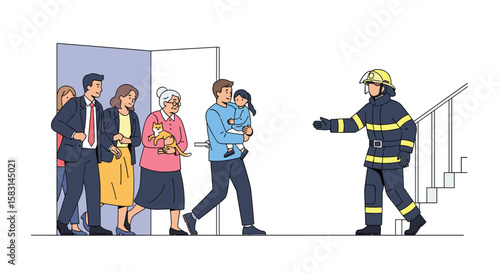 Firefighter safely guides people evacuating building during emergency situation assistance